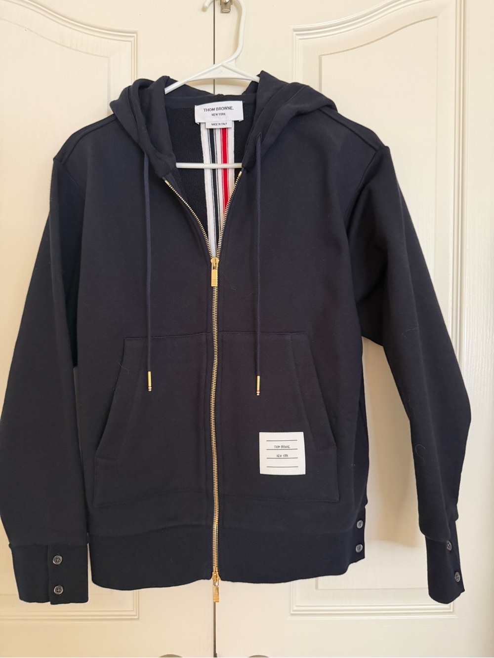 Thom Browne Navy Zip Up Hoodie RWB Center Back Stripe Cotton Jacket Size 42